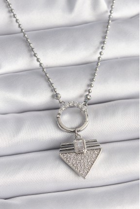 316l çelik Gümüş Renk Topçuk Zincir Zirkon Taşlı üçgen Model Kadın Kolye