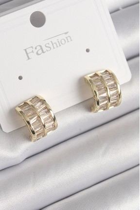 Pirinç Gold Renk çift Sıra Zirkon Taşlı Kadın Küpe Pirinç Gold Renk çift Sıra Zirkon Taşlı Kadın Küpe