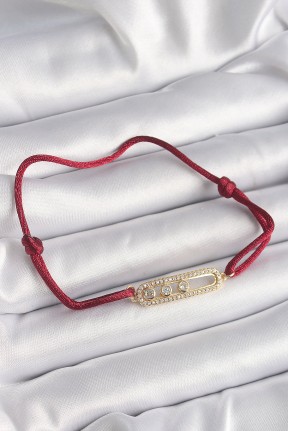 Kırmızı İpli Asansörlü Zirkon Taşlı Gold Messika Model Kadın Bileklik