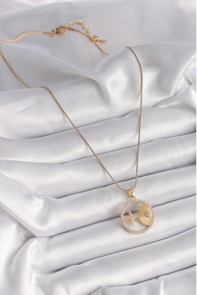 316l çelik Gold Renk Zincir Zirkon Taşlı Yıldız İşleme Madalyon Model Kadın Kolye