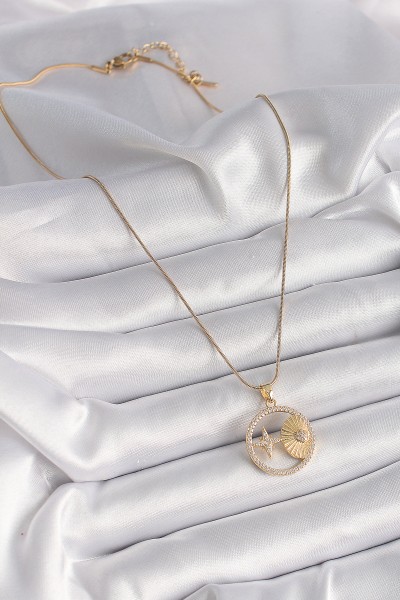 316l çelik Gold Renk Zincir Zirkon Taşlı Yıldız İşleme Madalyon Model Kadın Kolye