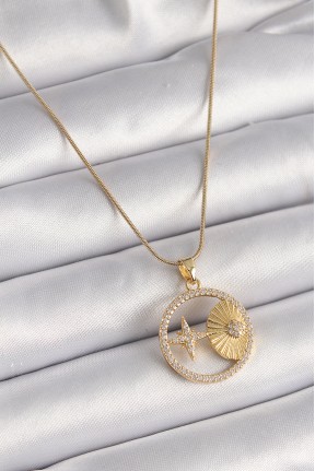 316l çelik Gold Renk Zincir Zirkon Taşlı Yıldız İşleme Madalyon Model Kadın Kolye