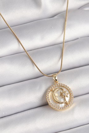 316l çelik Gold Renk Zincir Zirkon Taş Detaylı Beyaz Sedefli Ay Yıldız Model Kadın Kolye 316l çelik Gold Renk Zincir Zirkon Taş Detaylı Beyaz Sedefli Ay Yıldız Model Kadın Kolye