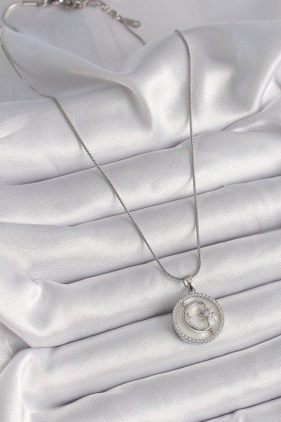 316l çelik Gümüş Renk Zincir Zirkon Taş Detaylı Beyaz Sedefli Ay Yıldız İşleme Kadın Kolye 316l çelik Gümüş Renk Zincir Zirkon Taş Detaylı Beyaz Sedefli Ay Yıldız İşleme Kadın Kolye