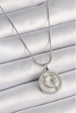 316l çelik Gümüş Renk Zincir Zirkon Taş Detaylı Beyaz Sedefli Ay Yıldız İşleme Kadın Kolye 316l çelik Gümüş Renk Zincir Zirkon Taş Detaylı Beyaz Sedefli Ay Yıldız İşleme Kadın Kolye