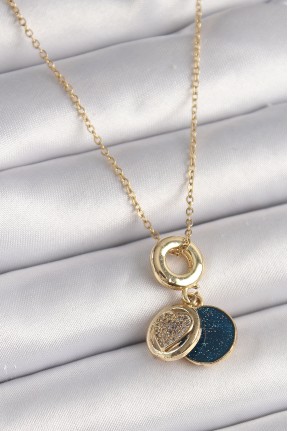 316l çelik Gold Renk Zincir Zirkon Taşlı Kalp Model Mavi Simli Kadın Kolye