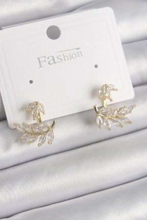Pirinç Gold Renk Zirkon Taşlı Yaprak Model Kadın Küpe Pirinç Gold Renk Zirkon Taşlı Yaprak Model Kadın Küpe