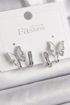 Pirinç Gümüş Renk Zirkon Taş Detaylı Beyaz Sedefli Kelebek Model Kadın Küpe Pirinç Gümüş Renk Zirkon Taş Detaylı Beyaz Sedefli Kelebek Model Kadın Küpe