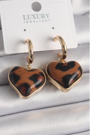 Pirinç Gold Renk 3d Kalp Leopar Desen Model Kadın Küpe