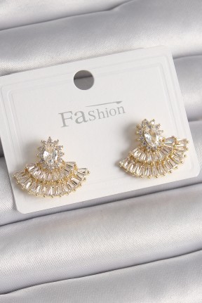 Pirinç Gold Renk Zirkon Taşlı Yelpaze Model Kadın Küpe Pirinç Gold Renk Zirkon Taşlı Yelpaze Model Kadın Küpe