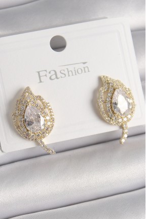 Pirinç Gold Renk Zirkon Taşlı Yaprak Model Kadın Küpe Pirinç Gold Renk Zirkon Taşlı Yaprak Model Kadın Küpe