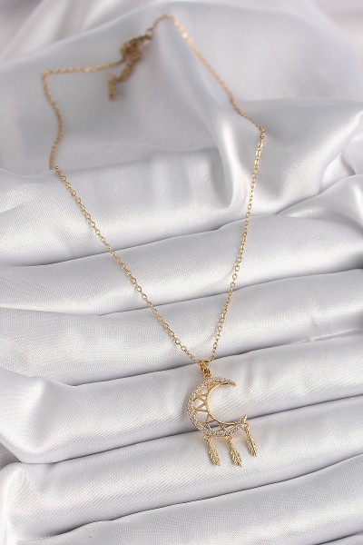 316l çelik Gold Renk Zincir Zirkon Taşlı Hilal Model Sallantı Yaprak Detay Kadın Kolye 316l çelik Gold Renk Zincir Zirkon Taşlı Hilal Model Sallantı Yaprak Detay Kadın Kolye