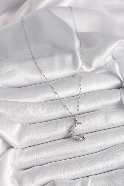 316l çelik Gümüş Renk Zincir Zirkon Taşlı Hilal Model Yıldız Detay Kadın Kolye 316l çelik Gümüş Renk Zincir Zirkon Taşlı Hilal Model Yıldız Detay Kadın Kolye