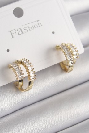 Pirinç Gold Renk 2'li Zirkon Taşlı Halka Model Kadın Küpe Pirinç Gold Renk 2'li Zirkon Taşlı Halka Model Kadın Küpe