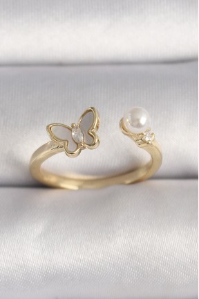 Pirinç Gold Renk Zirkon Taş Detaylı Beyaz Mineli Kelebek Model İnci Detay Ayarlanabilir Yüzük Pirinç Gold Renk Zirkon Taş Detaylı Beyaz Mineli Kelebek Model İnci Detay Ayarlanabilir Yüzük