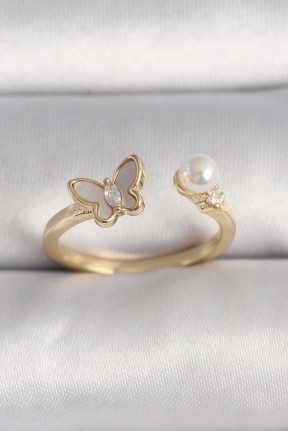 Pirinç Gold Renk Zirkon Taş Detaylı Beyaz Mineli Kelebek Model İnci Detay Ayarlanabilir Yüzük Pirinç Gold Renk Zirkon Taş Detaylı Beyaz Mineli Kelebek Model İnci Detay Ayarlanabilir Yüzük