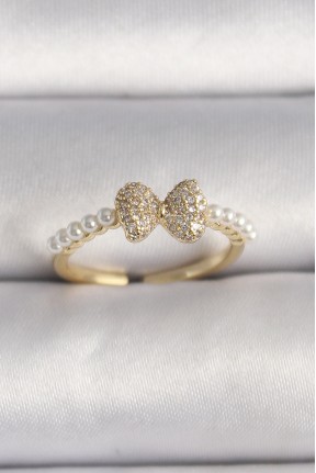 Pirinç Gold Renk Zirkon Taşlı Fiyonk İnci Detay Ayarlanabilir Yüzük Pirinç Gold Renk Zirkon Taşlı Fiyonk İnci Detay Ayarlanabilir Yüzük