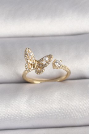 Pirinç Gold Renk Zirkon Taşlı Kelebek Model İnci Detay Ayarlanabilir Yüzük Pirinç Gold Renk Zirkon Taşlı Kelebek Model İnci Detay Ayarlanabilir Yüzük