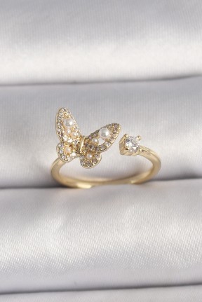 Pirinç Gold Renk Zirkon Taşlı Kelebek Model İnci Detay Ayarlanabilir Yüzük Pirinç Gold Renk Zirkon Taşlı Kelebek Model İnci Detay Ayarlanabilir Yüzük