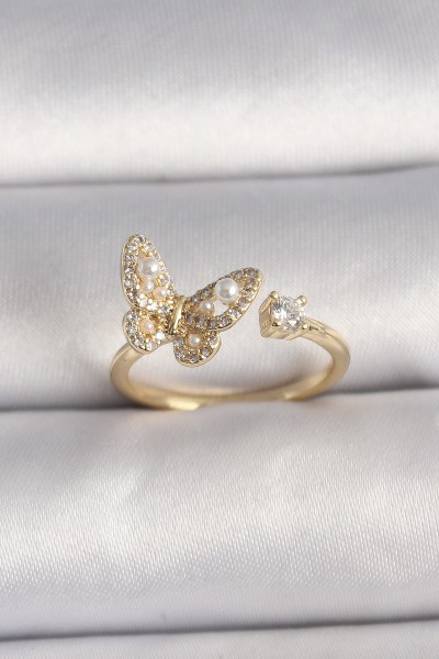 Pirinç Gold Renk Zirkon Taşlı Kelebek Model İnci Detay Ayarlanabilir Yüzük
