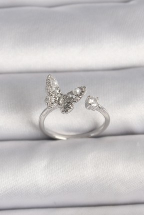 Pirinç Gümüş Renk Zirkon Taşlı Kelebek Model İnci Detay Ayarlanabilir Yüzük Pirinç Gümüş Renk Zirkon Taşlı Kelebek Model İnci Detay Ayarlanabilir Yüzük