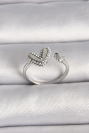 Pirinç Gümüş Renk Beyaz Mineli İnci Detaylı Kalp Model Ayarlanabilir Yüzük