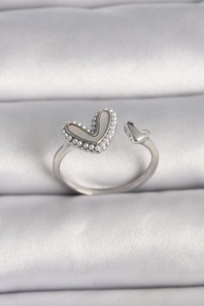 Pirinç Gümüş Renk Beyaz Mineli İnci Detaylı Kalp Model Ayarlanabilir Yüzük