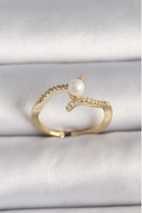 Pirinç Gold Renk Zirkon Taşlı İncili Ayarlanabilir Yüzük