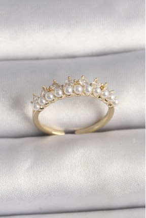 Pirinç Gold Renk Zirkon Taşlı İncili Taç Model Ayarlanabilir Kadın Yüzük