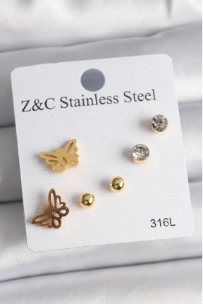 316l çelik Gold Renk Zirkon Taşlı Kelebek Figür Kadın Küpe Seti 316l çelik Gold Renk Zirkon Taşlı Kelebek Figür Kadın Küpe Seti