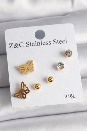 316l çelik Gold Renk Zirkon Taşlı Kelebek Figür Kadın Küpe Seti 316l çelik Gold Renk Zirkon Taşlı Kelebek Figür Kadın Küpe Seti