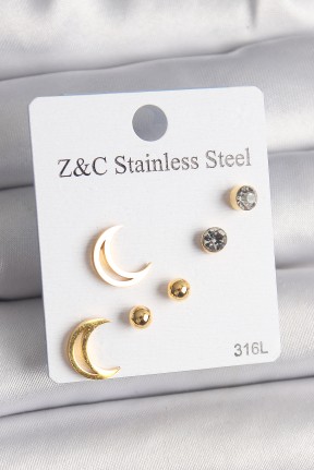 316l çelik Gold Renk Zirkon Taşlı Hilal Model Kadın Küpe Seti 316l çelik Gold Renk Zirkon Taşlı Hilal Model Kadın Küpe Seti