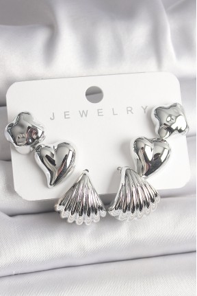 Gümüş Renk Yonca Kalp Deniz Kabuğu Figür Ccb Kadın Küpe Seti