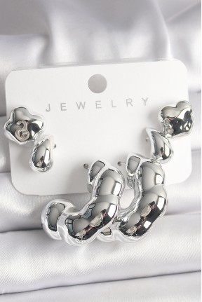 Gümüş Renk Yonca Damla Halka Model Ccb Plastik Kadın Küpe Seti Gümüş Renk Yonca Damla Halka Model Ccb Plastik Kadın Küpe Seti