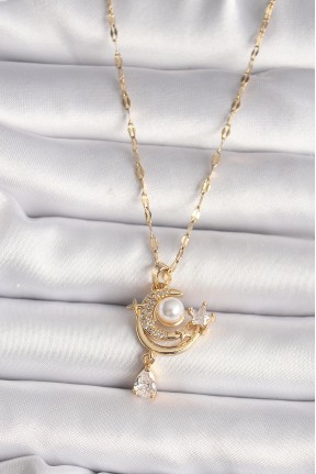 316l Gold Renk Zirkon Taşlı Ay Yıldız Model Sallantı Detay Kadın Kolye 316l Gold Renk Zirkon Taşlı Ay Yıldız Model Sallantı Detay Kadın Kolye