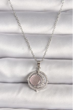 316l çelik Gümüş Renk Zirkon Taşlı Pembe Sedefli Hilal Model Kadın Kolye 316l çelik Gümüş Renk Zirkon Taşlı Pembe Sedefli Hilal Model Kadın Kolye