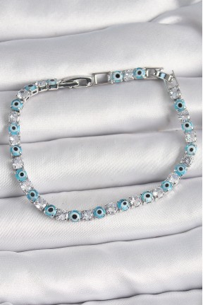 Pirinç Gümüş Renk Su Yolu Zirkon Taşlı Nazar Boncuklu Kadın Bileklik Pirinç Gümüş Renk Su Yolu Zirkon Taşlı Nazar Boncuklu Kadın Bileklik