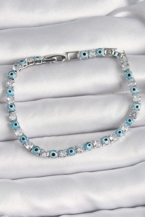 Pirinç Gümüş Renk Su Yolu Zirkon Taşlı Nazar Boncuklu Kadın Bileklik Pirinç Gümüş Renk Su Yolu Zirkon Taşlı Nazar Boncuklu Kadın Bileklik