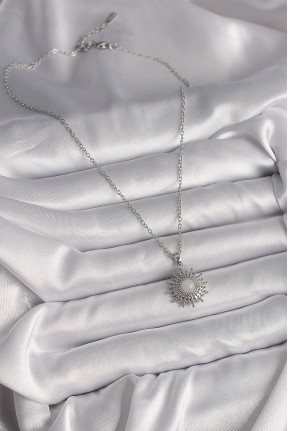 316l çelik Gümüş Renk Zincir Beyaz Mineli Güneş Model Kadın Kolye