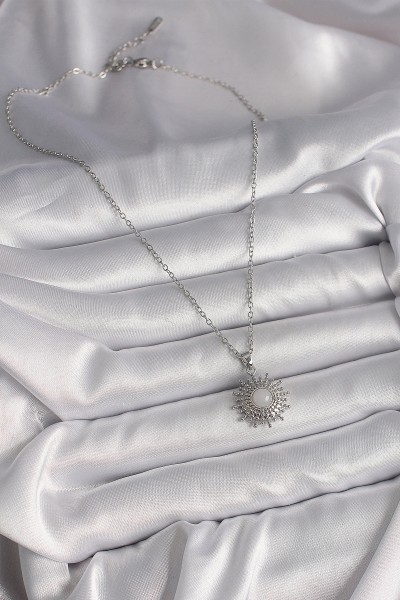 316l çelik Gümüş Renk Zincir Beyaz Mineli Güneş Model Kadın Kolye