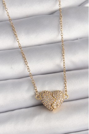 316l çelik Gold Renk Zincir Zirkon Taşlı Mıknatıslı Kalp Model Kadın Kolye