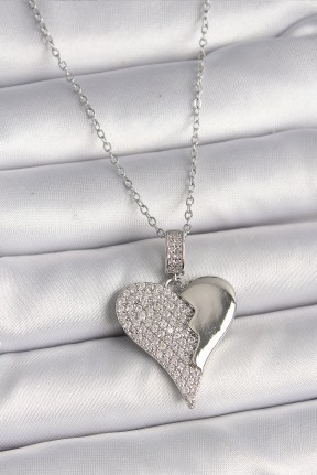 316l çelik Gümüş Renk Zincir Zirkon Taşlı Kırık Kalp Model Kadın Kolye 316l çelik Gümüş Renk Zincir Zirkon Taşlı Kırık Kalp Model Kadın Kolye