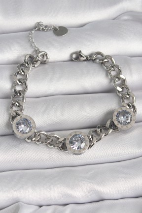 316l çelik Gümüş Renk Zincir Model Zirkon Taşlı İşleme Detaylı Kadın Bileklik