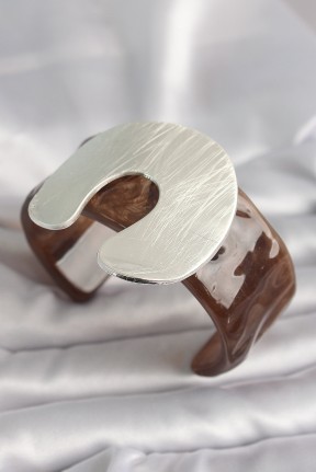 Kahverengi Mermer Desen Akrilik Plastik Gümüş Plaka Model Vintage Kadın Bilezik Kahverengi Mermer Desen Akrilik Plastik Gümüş Plaka Model Vintage Kadın Bilezik