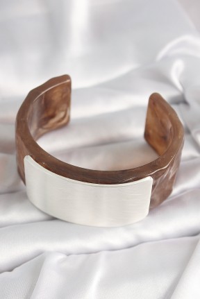 Kahverengi Mermer Desen Akrilik Plastik Gümüş Dikdörtgen Plaka Vintage Kadın Bilezik Kahverengi Mermer Desen Akrilik Plastik Gümüş Dikdörtgen Plaka Vintage Kadın Bilezik