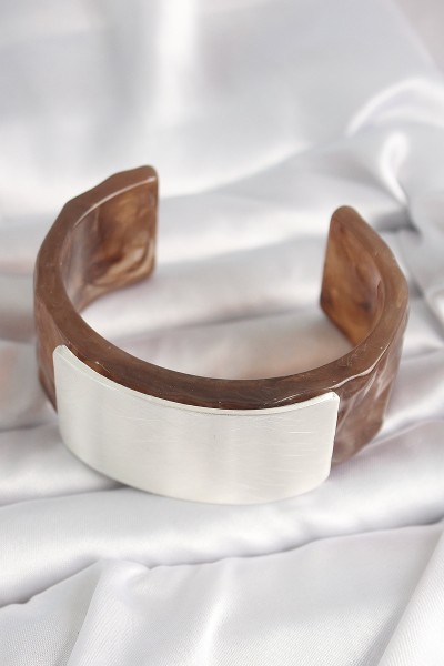 Kahverengi Mermer Desen Akrilik Plastik Gümüş Dikdörtgen Plaka Vintage Kadın Bilezik Kahverengi Mermer Desen Akrilik Plastik Gümüş Dikdörtgen Plaka Vintage Kadın Bilezik