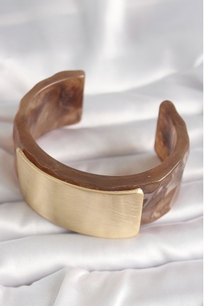 Kahverengi Mermer Desen Akrilik Platik Gold Dikdörtgen Plaka Model Vintage Kadın Bilezik