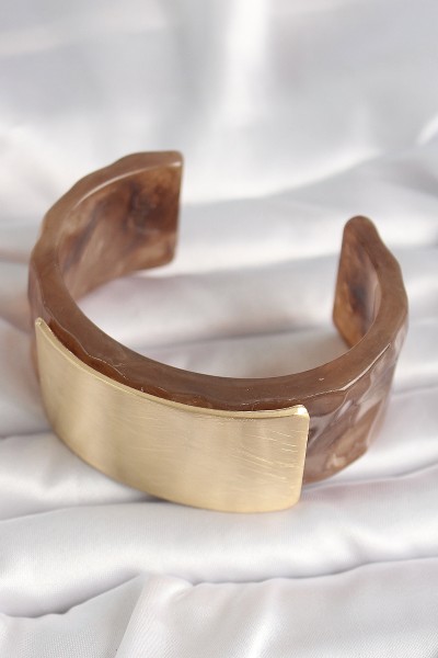 Kahverengi Mermer Desen Akrilik Platik Gold Dikdörtgen Plaka Model Vintage Kadın Bilezik