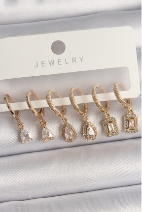 Pirinç Gold Renk Sallantı Zirkon Taşı Damla Model Kadın Küpe Seti Pirinç Gold Renk Sallantı Zirkon Taşı Damla Model Kadın Küpe Seti