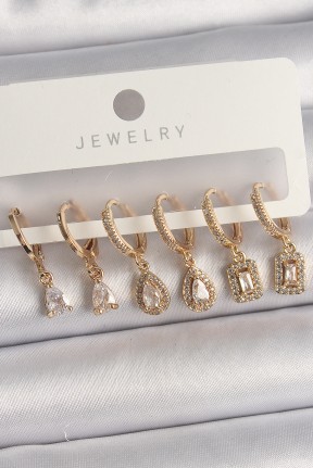 Pirinç Gold Renk Sallantı Zirkon Taşı Damla Model Kadın Küpe Seti Pirinç Gold Renk Sallantı Zirkon Taşı Damla Model Kadın Küpe Seti